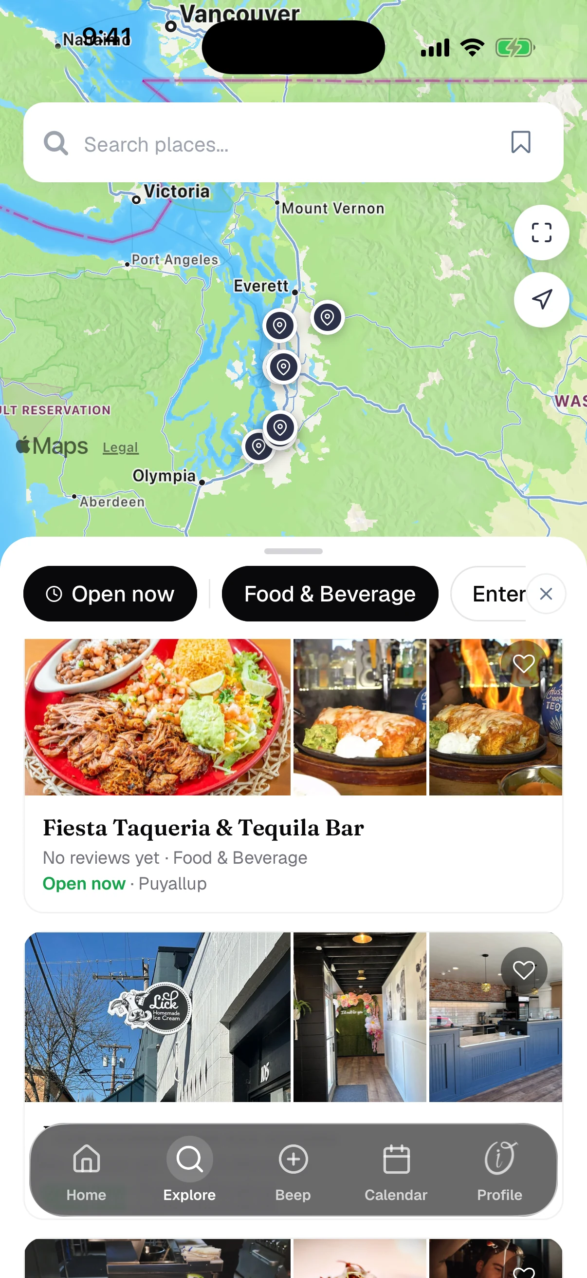 The InvyteOut app explore screen, showing a map of nearby spots above a filtered list of places that are open now